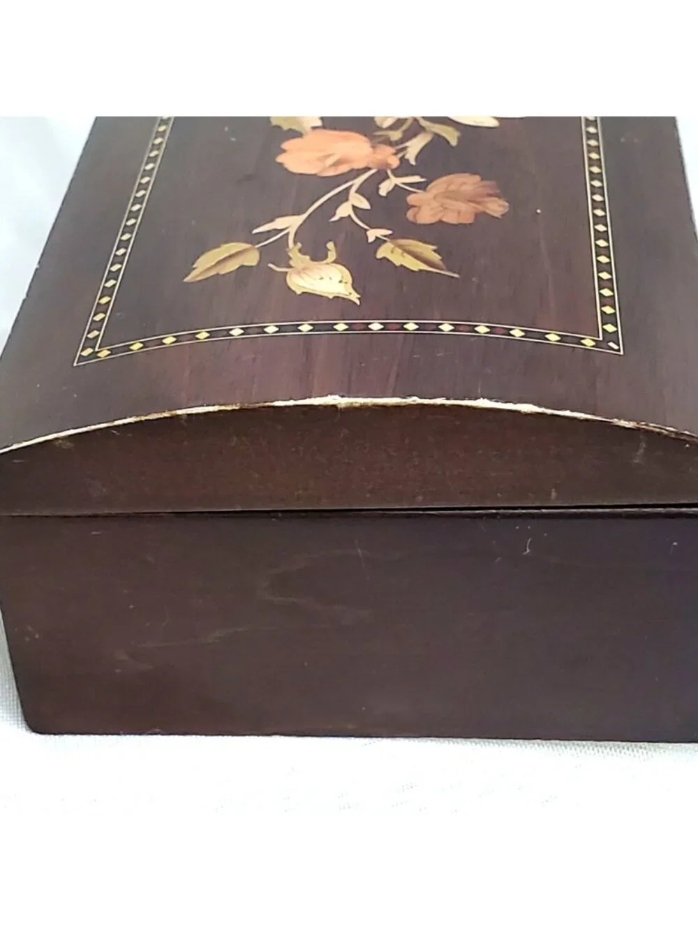 Mahogany Wooden Jewelry Box Floral Marquetry Inly with Mirror 5x3.25 inches